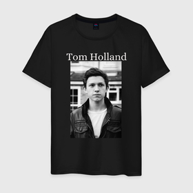 Мужская футболка хлопок с принтом Tom Holland в Петрозаводске, 100% хлопок | прямой крой, круглый вырез горловины, длина до линии бедер, слегка спущенное плечо. | tom holland | актер | известная личность | мужчина | том холланд | черно белое