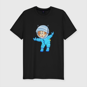 Мужская футболка хлопок Slim с принтом Счастливый космонавт , 92% хлопок, 8% лайкра | приталенный силуэт, круглый вырез ворота, длина до линии бедра, короткий рукав | астронавт | звезды | космонавт | космос | полет в космос | скафандр