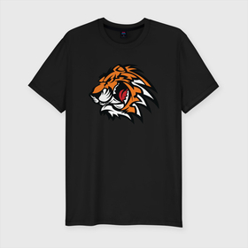Мужская футболка хлопок Slim с принтом Злой Тигр в Новосибирске, 92% хлопок, 8% лайкра | приталенный силуэт, круглый вырез ворота, длина до линии бедра, короткий рукав | 2022 | animal | cat | lion | tiger | год тигра | животные | зубы | кот | кошка | лев | охотник | полосатый | природа | тигр | тигренок | тигрица | хищник