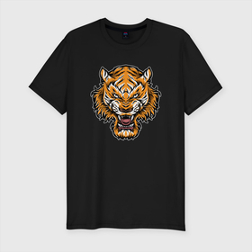 Мужская футболка хлопок Slim с принтом Cool Tiger в Тюмени, 92% хлопок, 8% лайкра | приталенный силуэт, круглый вырез ворота, длина до линии бедра, короткий рукав | 2022 | animal | cat | lion | tiger | год тигра | животные | зубы | кот | кошка | лев | охотник | полосатый | природа | тигр | тигренок | тигрица | хищник