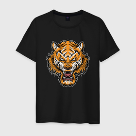 Мужская футболка хлопок с принтом Cool Tiger в Кировске, 100% хлопок | прямой крой, круглый вырез горловины, длина до линии бедер, слегка спущенное плечо. | 2022 | animal | cat | lion | tiger | год тигра | животные | зубы | кот | кошка | лев | охотник | полосатый | природа | тигр | тигренок | тигрица | хищник