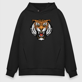 Мужское худи Oversize хлопок с принтом Angry Tiger в Петрозаводске, френч-терри — 70% хлопок, 30% полиэстер. Мягкий теплый начес внутри —100% хлопок | боковые карманы, эластичные манжеты и нижняя кромка, капюшон на магнитной кнопке | 2022 | animal | cat | lion | tiger | год тигра | животные | зубы | кот | кошка | лев | охотник | полосатый | природа | тигр | тигренок | тигрица | хищник