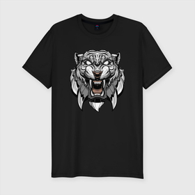 Мужская футболка хлопок Slim с принтом Серый Тигр в Петрозаводске, 92% хлопок, 8% лайкра | приталенный силуэт, круглый вырез ворота, длина до линии бедра, короткий рукав | 2022 | animal | cat | lion | tiger | год тигра | животные | зубы | кот | кошка | лев | охотник | полосатый | природа | тигр | тигренок | тигрица | хищник