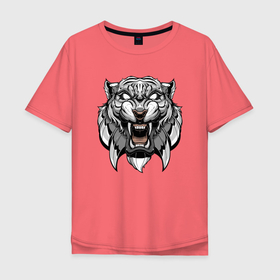 Мужская футболка хлопок Oversize с принтом Серый Тигр в Курске, 100% хлопок | свободный крой, круглый ворот, “спинка” длиннее передней части | 2022 | animal | cat | lion | tiger | год тигра | животные | зубы | кот | кошка | лев | охотник | полосатый | природа | тигр | тигренок | тигрица | хищник