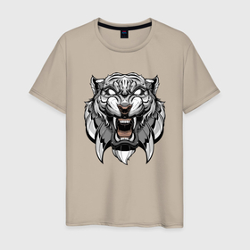 Мужская футболка хлопок с принтом Серый Тигр в Екатеринбурге, 100% хлопок | прямой крой, круглый вырез горловины, длина до линии бедер, слегка спущенное плечо. | 2022 | animal | cat | lion | tiger | год тигра | животные | зубы | кот | кошка | лев | охотник | полосатый | природа | тигр | тигренок | тигрица | хищник
