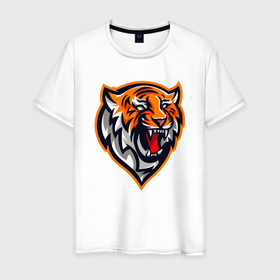 Мужская футболка хлопок с принтом Tiger Scream в Новосибирске, 100% хлопок | прямой крой, круглый вырез горловины, длина до линии бедер, слегка спущенное плечо. | 2022 | animal | cat | lion | tiger | год тигра | животные | зубы | кот | кошка | лев | охотник | полосатый | природа | тигр | тигренок | тигрица | хищник