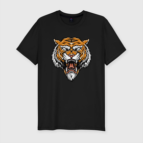Мужская футболка хлопок Slim с принтом Boss Tiger в Кировске, 92% хлопок, 8% лайкра | приталенный силуэт, круглый вырез ворота, длина до линии бедра, короткий рукав | 2022 | animal | cat | lion | tiger | год тигра | животные | зубы | кот | кошка | лев | охотник | полосатый | природа | тигр | тигренок | тигрица | хищник