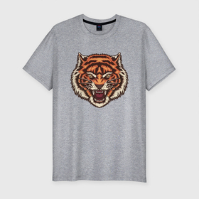 Мужская футболка хлопок Slim с принтом Tiger Meow в Новосибирске, 92% хлопок, 8% лайкра | приталенный силуэт, круглый вырез ворота, длина до линии бедра, короткий рукав | 2022 | animal | cat | lion | tiger | год тигра | животные | зубы | кот | кошка | лев | охотник | полосатый | природа | тигр | тигренок | тигрица | хищник