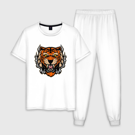 Мужская пижама хлопок с принтом Smoke Tiger , 100% хлопок | брюки и футболка прямого кроя, без карманов, на брюках мягкая резинка на поясе и по низу штанин
 | Тематика изображения на принте: 2022 | animal | cat | lion | tiger | год тигра | животные | зубы | кот | кошка | лев | охотник | полосатый | природа | тигр | тигренок | тигрица | хищник