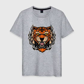 Мужская футболка хлопок с принтом Smoke Tiger в Курске, 100% хлопок | прямой крой, круглый вырез горловины, длина до линии бедер, слегка спущенное плечо. | 2022 | animal | cat | lion | tiger | год тигра | животные | зубы | кот | кошка | лев | охотник | полосатый | природа | тигр | тигренок | тигрица | хищник