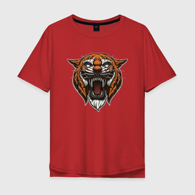 Мужская футболка хлопок Oversize с принтом Рычащий Тигр в Кировске, 100% хлопок | свободный крой, круглый ворот, “спинка” длиннее передней части | 2022 | animal | cat | lion | tiger | год тигра | животные | зубы | кот | кошка | лев | охотник | полосатый | природа | тигр | тигренок | тигрица | хищник