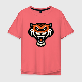 Мужская футболка хлопок Oversize с принтом Тигр в Санкт-Петербурге, 100% хлопок | свободный крой, круглый ворот, “спинка” длиннее передней части | 2022 | animal | cat | lion | tiger | год тигра | животные | зубы | кот | кошка | лев | охотник | полосатый | природа | тигр | тигренок | тигрица | хищник