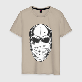 Мужская футболка хлопок с принтом Череп в маске в Петрозаводске, 100% хлопок | прямой крой, круглый вырез горловины, длина до линии бедер, слегка спущенное плечо. | mask | skull | лицо | маска | чб | череп