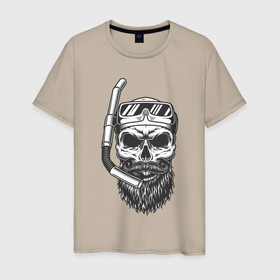 Мужская футболка хлопок с принтом Водолаз в Тюмени, 100% хлопок | прямой крой, круглый вырез горловины, длина до линии бедер, слегка спущенное плечо. | diver | skull | водолаз | маска | чб | череп