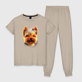 Женская пижама хлопок с принтом Йорк собака акварельная , 100% хлопок | брюки и футболка прямого кроя, без карманов, на брюках мягкая резинка на поясе и по низу штанин | Тематика изображения на принте: animal | art | artistic | brown | cute | dog | redhead | watercolor | york | акварельная | арт | домашний | животное | йорк | коричневый | милая | рыжий | собака | художественная
