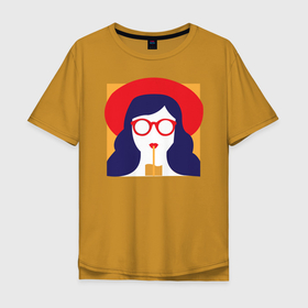 Мужская футболка хлопок Oversize с принтом Девушка с коктейлем в Новосибирске, 100% хлопок | свободный крой, круглый ворот, “спинка” длиннее передней части | брюнетка | девушка | очки | пин арт | стакан | шляпа