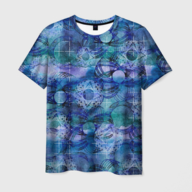 Мужская футболка 3D с принтом Абстракция - акварельный узор в Тюмени, 100% полиэфир | прямой крой, круглый вырез горловины, длина до линии бедер | абстрактный | абстракция | акварель | акварельный | геометрический | геометрия | круги | кружки | синева | узор | узорный | узоры
