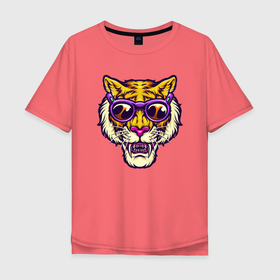 Мужская футболка хлопок Oversize с принтом Тигр в очках в Санкт-Петербурге, 100% хлопок | свободный крой, круглый ворот, “спинка” длиннее передней части | 2022 | animal | cat | lion | tiger | год тигра | животные | зверь | зубы | кот | кошка | лев | охотник | очки | полосатый | природа | тигр | тигренок | тигрица | хипстер | хищник