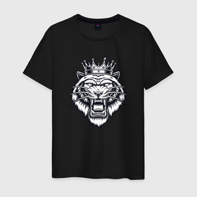 Мужская футболка хлопок с принтом King Tiger в Белгороде, 100% хлопок | прямой крой, круглый вырез горловины, длина до линии бедер, слегка спущенное плечо. | 2022 | animal | cat | king | lion | tiger | год тигра | животные | зверь | зубы | король | кот | кошка | лев | охотник | полосатый | природа | тигр | тигренок | тигрица | хищник | царь