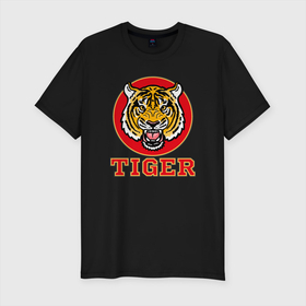Мужская футболка хлопок Slim с принтом Tiger Japan в Петрозаводске, 92% хлопок, 8% лайкра | приталенный силуэт, круглый вырез ворота, длина до линии бедра, короткий рукав | 2022 | animal | cat | lion | tiger | год тигра | животные | зверь | зубы | кот | кошка | лев | охотник | полосатый | природа | тигр | тигренок | тигрица | хищник