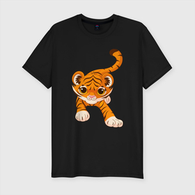 Мужская футболка хлопок Slim с принтом Милый Тигренок , 92% хлопок, 8% лайкра | приталенный силуэт, круглый вырез ворота, длина до линии бедра, короткий рукав | 2022 | animal | cat | lion | tiger | год тигра | животные | зверь | зубы | кот | кошка | лев | охотник | полосатый | природа | тигр | тигренок | тигрица | хищник