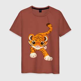 Мужская футболка хлопок с принтом Милый Тигренок в Санкт-Петербурге, 100% хлопок | прямой крой, круглый вырез горловины, длина до линии бедер, слегка спущенное плечо. | 2022 | animal | cat | lion | tiger | год тигра | животные | зверь | зубы | кот | кошка | лев | охотник | полосатый | природа | тигр | тигренок | тигрица | хищник