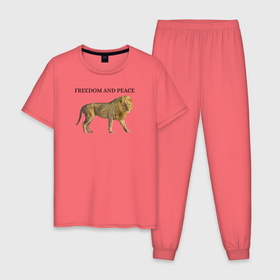 Мужская пижама хлопок с принтом Лев в Екатеринбурге, 100% хлопок | брюки и футболка прямого кроя, без карманов, на брюках мягкая резинка на поясе и по низу штанин
 | freedom | lion | peace | зверь | лев