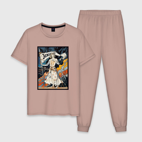 Мужская пижама хлопок с принтом Жанна дАрк в Санкт-Петербурге, 100% хлопок | брюки и футболка прямого кроя, без карманов, на брюках мягкая резинка на поясе и по низу штанин
 | арт | гравюра | история | рисунок | рыцари | сражение | средневековье