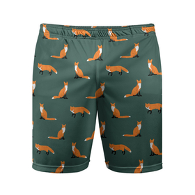 Мужские шорты спортивные с принтом Лисы паттерн в Новосибирске,  |  | животные | звери | зеленый цвет | лесные животные | лиса | лисы | оранжевый | паттерн | рыжий