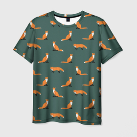 Мужская футболка 3D с принтом Лисы паттерн в Санкт-Петербурге, 100% полиэфир | прямой крой, круглый вырез горловины, длина до линии бедер | Тематика изображения на принте: животные | звери | зеленый цвет | лесные животные | лиса | лисы | оранжевый | паттерн | рыжий