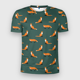 Мужская футболка 3D спортивная с принтом Лисы паттерн в Петрозаводске, 100% полиэстер с улучшенными характеристиками | приталенный силуэт, круглая горловина, широкие плечи, сужается к линии бедра | животные | звери | зеленый цвет | лесные животные | лиса | лисы | оранжевый | паттерн | рыжий