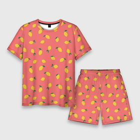 Мужской костюм с шортами 3D с принтом Лимоны на кораловом в Кировске,  |  | еда | кораловый цвет | лимонный | лимоны | минималистичный | оранжевый | паттерн | упорядоченный паттерн | цитрусовые