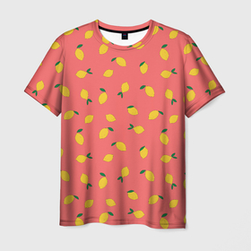 Мужская футболка 3D с принтом Лимоны на кораловом в Новосибирске, 100% полиэфир | прямой крой, круглый вырез горловины, длина до линии бедер | еда | кораловый цвет | лимонный | лимоны | минималистичный | оранжевый | паттерн | упорядоченный паттерн | цитрусовые