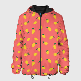 Мужская куртка 3D с принтом Лимоны на кораловом в Новосибирске, ткань верха — 100% полиэстер, подклад — флис | прямой крой, подол и капюшон оформлены резинкой с фиксаторами, два кармана без застежек по бокам, один большой потайной карман на груди. Карман на груди застегивается на липучку | еда | кораловый цвет | лимонный | лимоны | минималистичный | оранжевый | паттерн | упорядоченный паттерн | цитрусовые