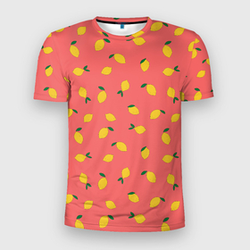 Мужская футболка 3D спортивная с принтом Лимоны на кораловом в Новосибирске, 100% полиэстер с улучшенными характеристиками | приталенный силуэт, круглая горловина, широкие плечи, сужается к линии бедра | еда | кораловый цвет | лимонный | лимоны | минималистичный | оранжевый | паттерн | упорядоченный паттерн | цитрусовые