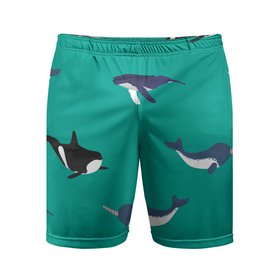 Мужские шорты спортивные с принтом Нарвал, киты, касатка паттерн в Курске,  |  | изумрудно зеленый цвет | касатки | киты | морская фауна | морские животные | морские жители | нарвал | океан | паттерн