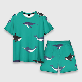 Мужской костюм с шортами 3D с принтом Нарвал, киты, касатка паттерн ,  |  | изумрудно зеленый цвет | касатки | киты | морская фауна | морские животные | морские жители | нарвал | океан | паттерн