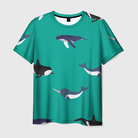 Мужская футболка 3D с принтом Нарвал, киты, касатка паттерн в Кировске, 100% полиэфир | прямой крой, круглый вырез горловины, длина до линии бедер | изумрудно зеленый цвет | касатки | киты | морская фауна | морские животные | морские жители | нарвал | океан | паттерн