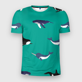 Мужская футболка 3D спортивная с принтом Нарвал, киты, касатка паттерн в Екатеринбурге, 100% полиэстер с улучшенными характеристиками | приталенный силуэт, круглая горловина, широкие плечи, сужается к линии бедра | изумрудно зеленый цвет | касатки | киты | морская фауна | морские животные | морские жители | нарвал | океан | паттерн