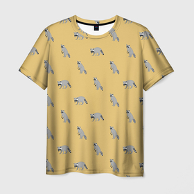 Мужская футболка 3D с принтом Еноты паттерн в Санкт-Петербурге, 100% полиэфир | прямой крой, круглый вырез горловины, длина до линии бедер | pattern | raccoons | еноты | забавные животные | звери | кремовый | охра | охристый | паттерн | песочный цвет | светло желтый