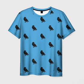 Мужская футболка 3D с принтом Вороны паттерн в Кировске, 100% полиэфир | прямой крой, круглый вырез горловины, длина до линии бедер | вороны | городская птица | паттерн | птицы | силуэт | синий цвет | черный ворон