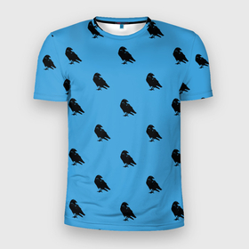 Мужская футболка 3D спортивная с принтом Вороны паттерн в Новосибирске, 100% полиэстер с улучшенными характеристиками | приталенный силуэт, круглая горловина, широкие плечи, сужается к линии бедра | вороны | городская птица | паттерн | птицы | силуэт | синий цвет | черный ворон