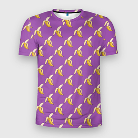Мужская футболка 3D спортивная с принтом Бананы на лиловом паттерн в Тюмени, 100% полиэстер с улучшенными характеристиками | приталенный силуэт, круглая горловина, широкие плечи, сужается к линии бедра | бананы | еда | лиловый | паттерн | сиреневый цвет | тропические фрукты | фиолетовый | фрукты
