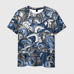 Мужская футболка 3D с принтом Синий камуфляж с щупальцами в Петрозаводске, 100% полиэфир | прямой крой, круглый вырез горловины, длина до линии бедер | камуфляж | ктулху | милитари | море | морской | осьминог | рыбак | щупальца