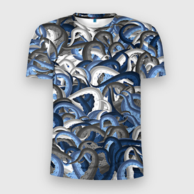 Мужская футболка 3D спортивная с принтом Синий камуфляж с щупальцами в Кировске, 100% полиэстер с улучшенными характеристиками | приталенный силуэт, круглая горловина, широкие плечи, сужается к линии бедра | камуфляж | ктулху | милитари | море | морской | осьминог | рыбак | щупальца