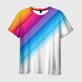 Мужская футболка 3D с принтом РАДУЖНЫЕ ПОЛОСЫ | RAINBOW (Z) , 100% полиэфир | прямой крой, круглый вырез горловины, длина до линии бедер | abstraction | colors | geometry | lines | paints | rainbow | stripes | texture | абстракция | краски | полосы | радуга | радужные полосы | текстура