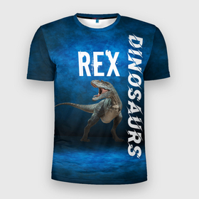 Мужская футболка 3D спортивная с принтом Dinosaurs Rex 3D в Белгороде, 100% полиэстер с улучшенными характеристиками | приталенный силуэт, круглая горловина, широкие плечи, сужается к линии бедра | Тематика изображения на принте: dinosaurs rex | tyrannosaurus | динозавры | принт с динозавром | рекс | тиранозавр | топ | тренд