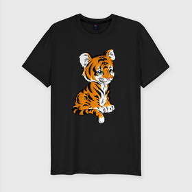 Мужская футболка хлопок Slim с принтом Little Tiger в Тюмени, 92% хлопок, 8% лайкра | приталенный силуэт, круглый вырез ворота, длина до линии бедра, короткий рукав | 2022 | animal | cat | lion | tiger | год тигра | животные | зверь | зубы | кот | кошка | лев | охотник | полосатый | природа | тигр | тигренок | тигрица | хищник