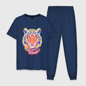Мужская пижама хлопок с принтом Color Tiger в Петрозаводске, 100% хлопок | брюки и футболка прямого кроя, без карманов, на брюках мягкая резинка на поясе и по низу штанин
 | 2022 | animal | cat | lion | tiger | год тигра | животные | зверь | зубы | кот | кошка | лев | охотник | полосатый | природа | тигр | тигренок | тигрица | хищник