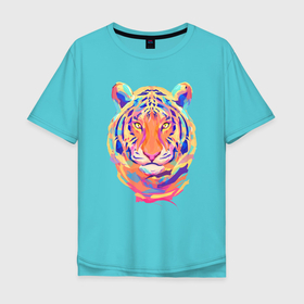 Мужская футболка хлопок Oversize с принтом Color Tiger в Курске, 100% хлопок | свободный крой, круглый ворот, “спинка” длиннее передней части | 2022 | animal | cat | lion | tiger | год тигра | животные | зверь | зубы | кот | кошка | лев | охотник | полосатый | природа | тигр | тигренок | тигрица | хищник